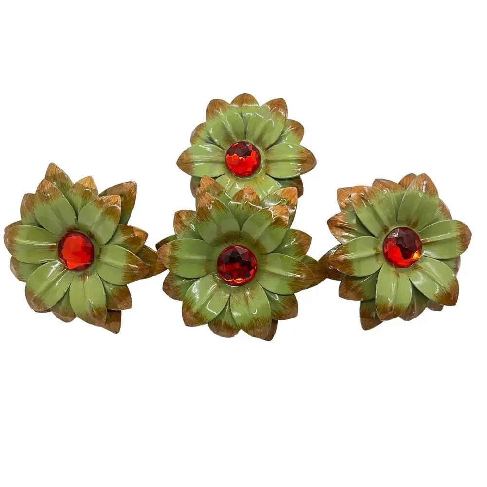 Pier 1 Metal Floral Sunflower Napkin Ring Holders Green w Red Center 3